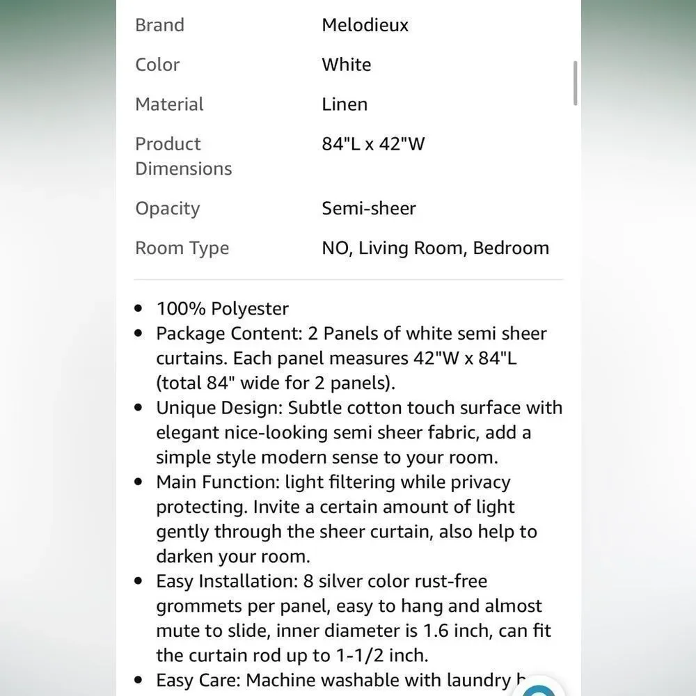 Melodieux Semi-Sheer White Home Decor Curtains EUC 42inches x 84 inches